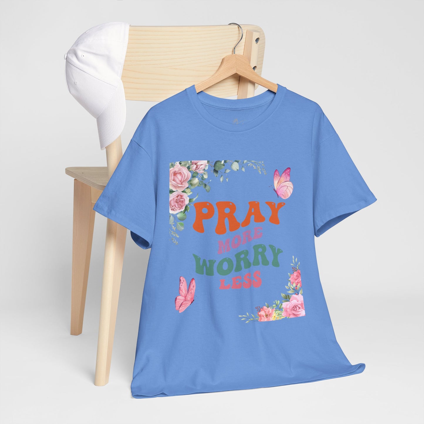 Pray More Worry Less T-Shirt - Floral Inspirational Unisex Heavy Cotton Tee