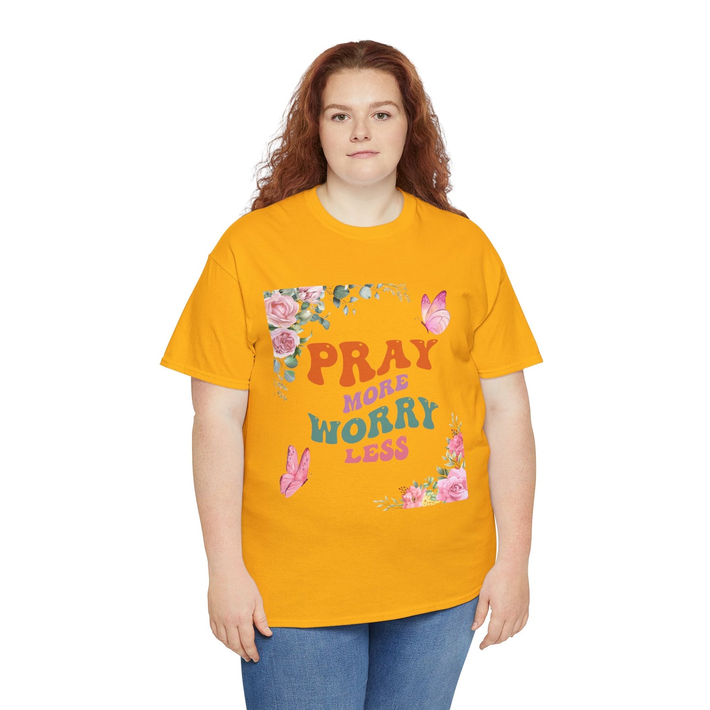 Pray More Worry Less T-Shirt - Floral Inspirational Unisex Heavy Cotton Tee