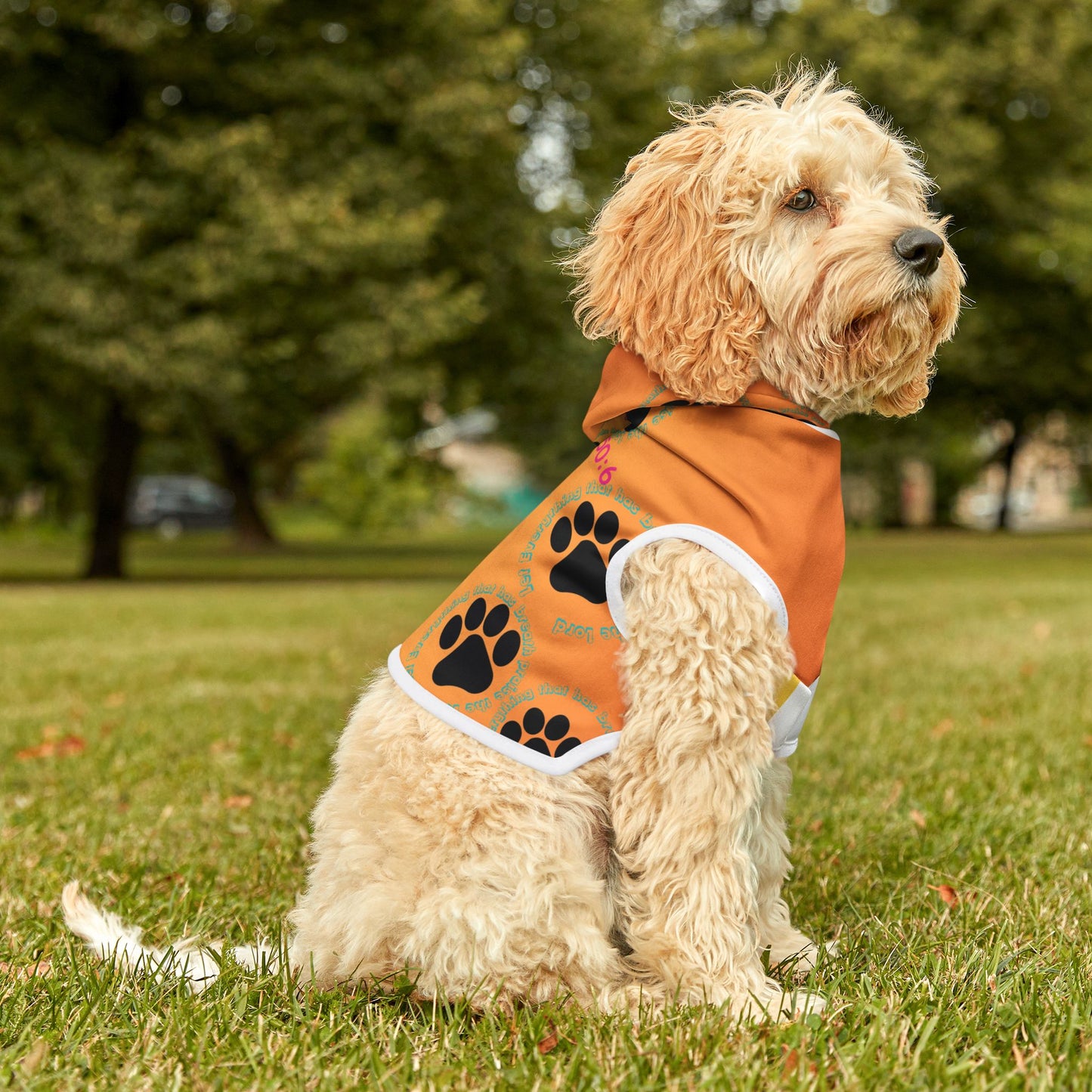 Paw Print Pet Hoodie with Psalm 150:6 - Cozy Canine Apparel for Dog Lovers