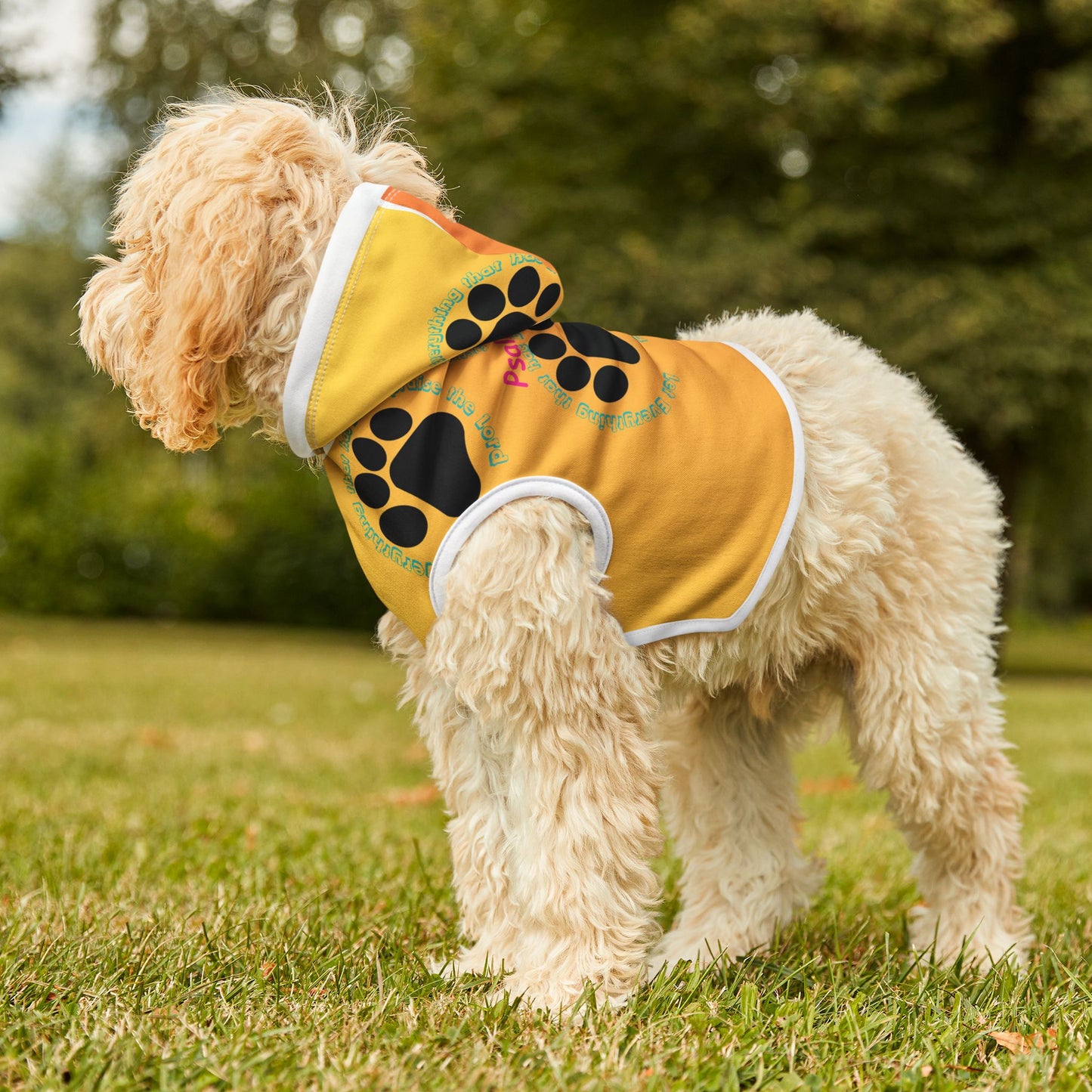 Paw Print Pet Hoodie with Psalm 150:6 - Cozy Canine Apparel for Dog Lovers