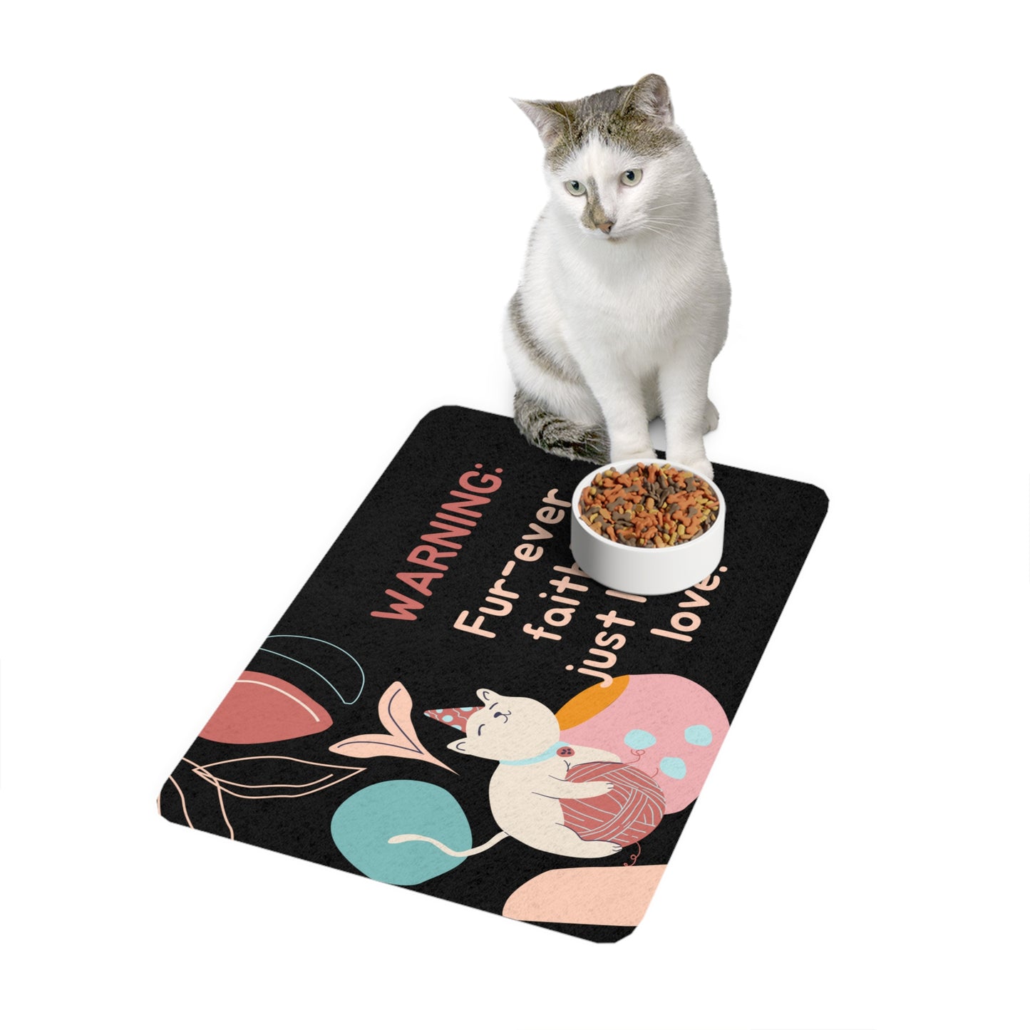 Cute Cat Pet Food Mat - 'Fur-ever Faithful' Design (12x18)