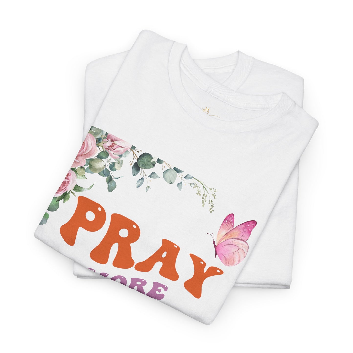 Pray More Worry Less T-Shirt - Floral Inspirational Unisex Heavy Cotton Tee