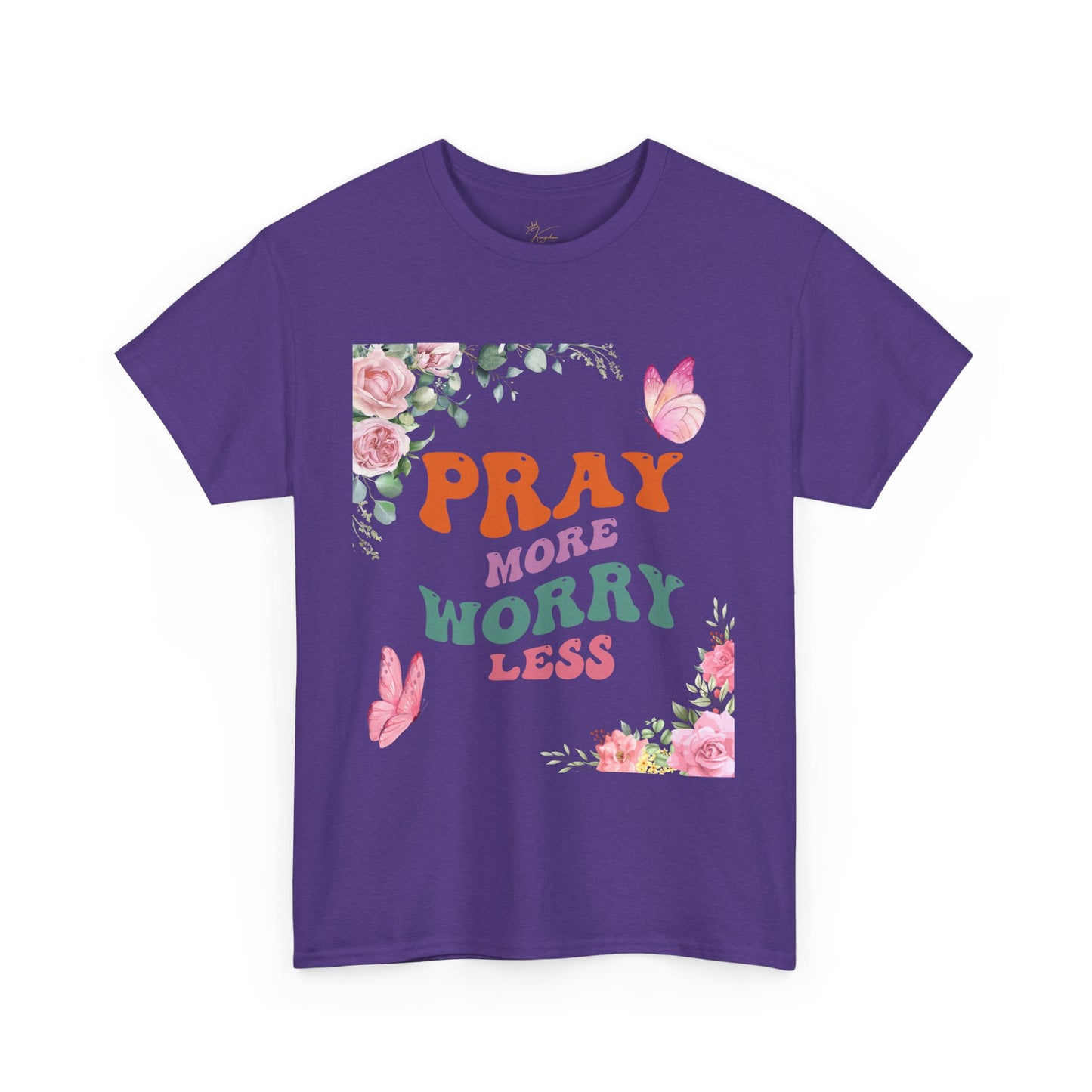 Pray More Worry Less T-Shirt - Floral Inspirational Unisex Heavy Cotton Tee