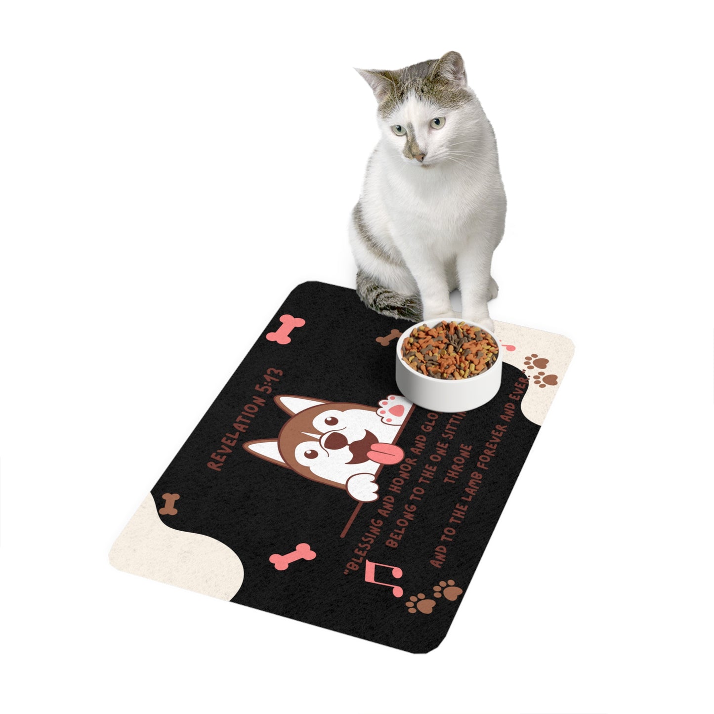 Revelation-Inspired Pet Food Mat | Cute Dog Design | 12x18 Non-Slip Feeding Mat