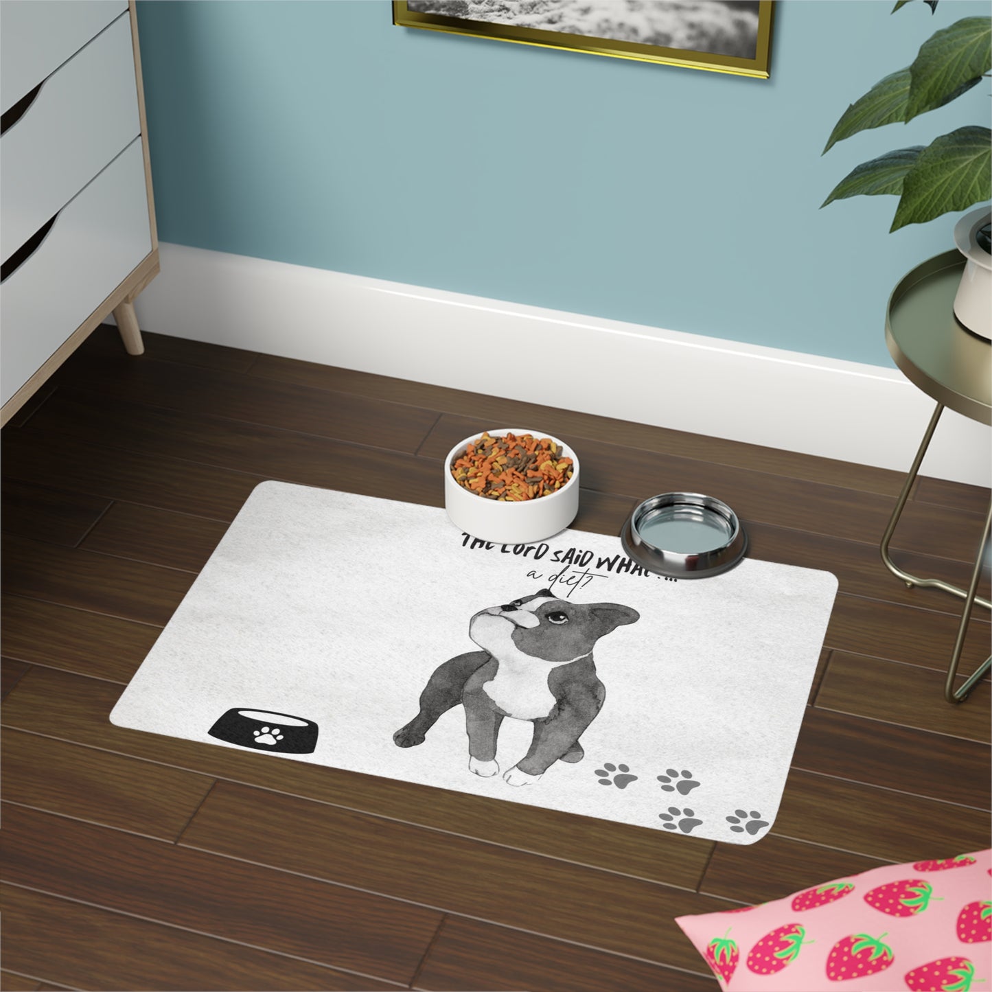 Funny Dog Food Mat - "The Lord Said What?" Waterproof Pet Feeding Mat, 12x18