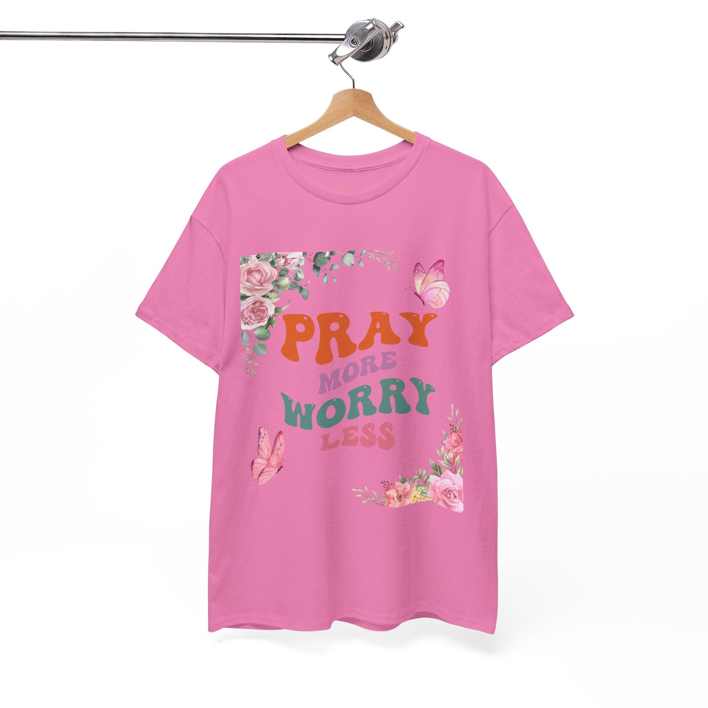 Pray More Worry Less T-Shirt - Floral Inspirational Unisex Heavy Cotton Tee