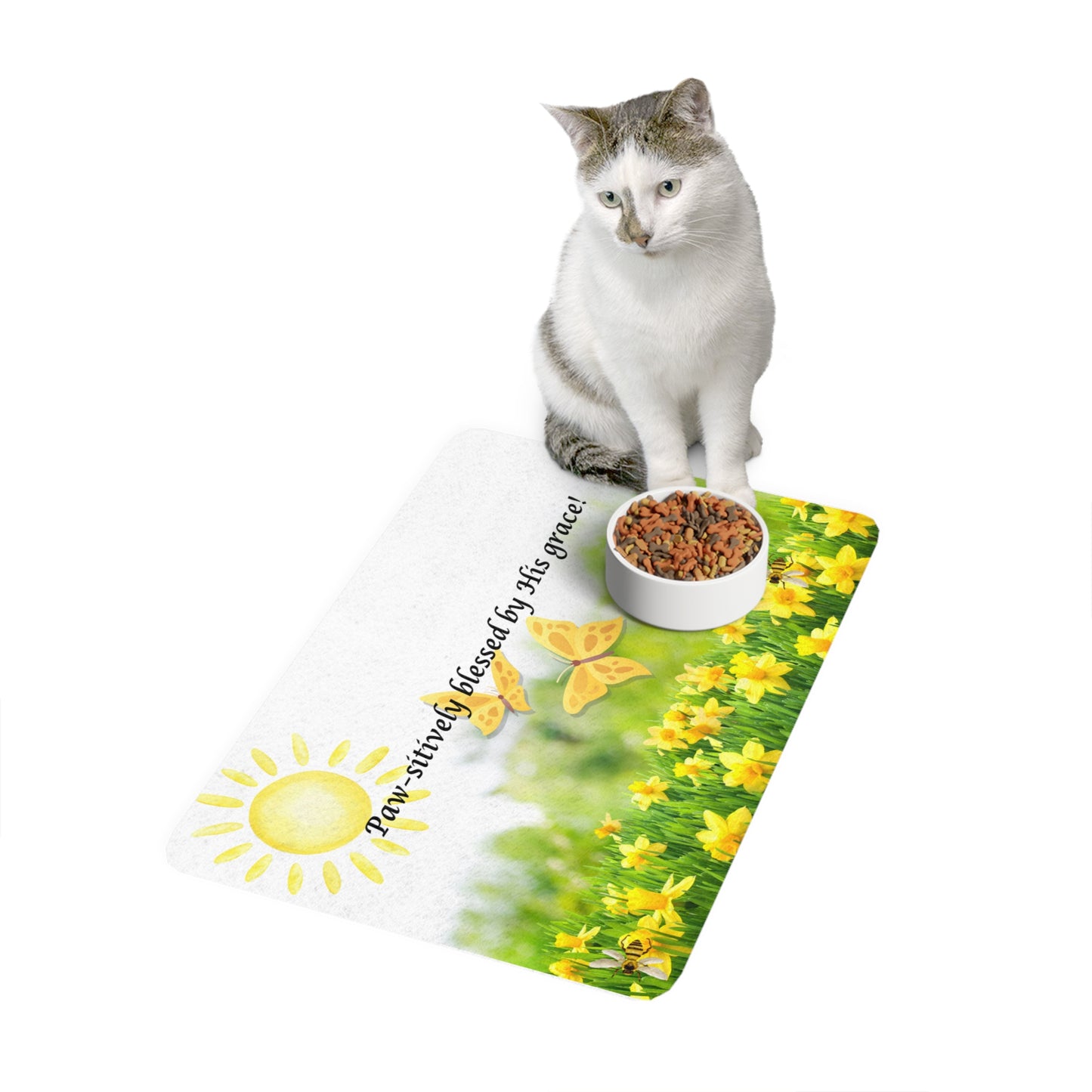 Sunny Floral Pet Food Mat - "Paw-sitively Blessed by His Grace!"