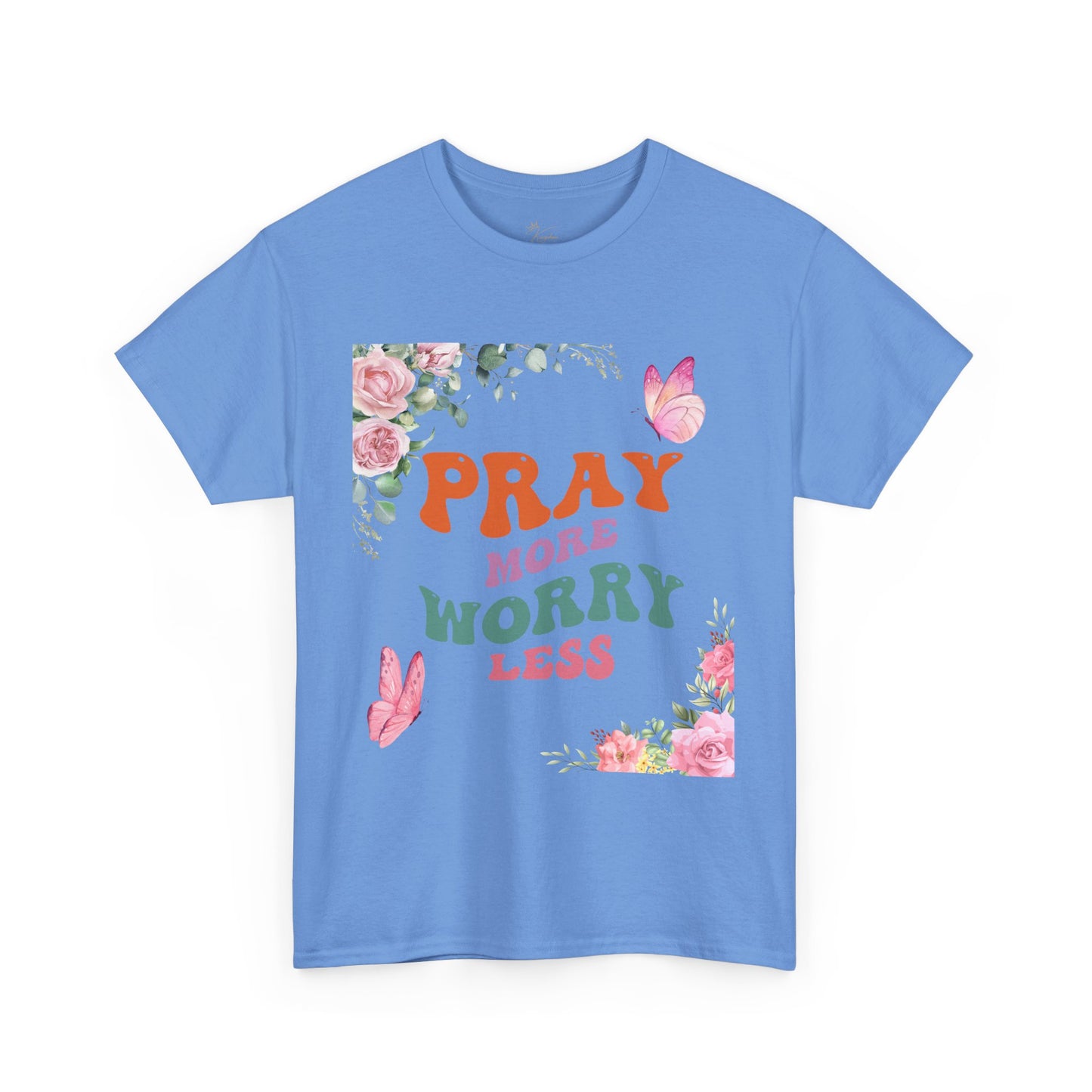 Pray More Worry Less T-Shirt - Floral Inspirational Unisex Heavy Cotton Tee