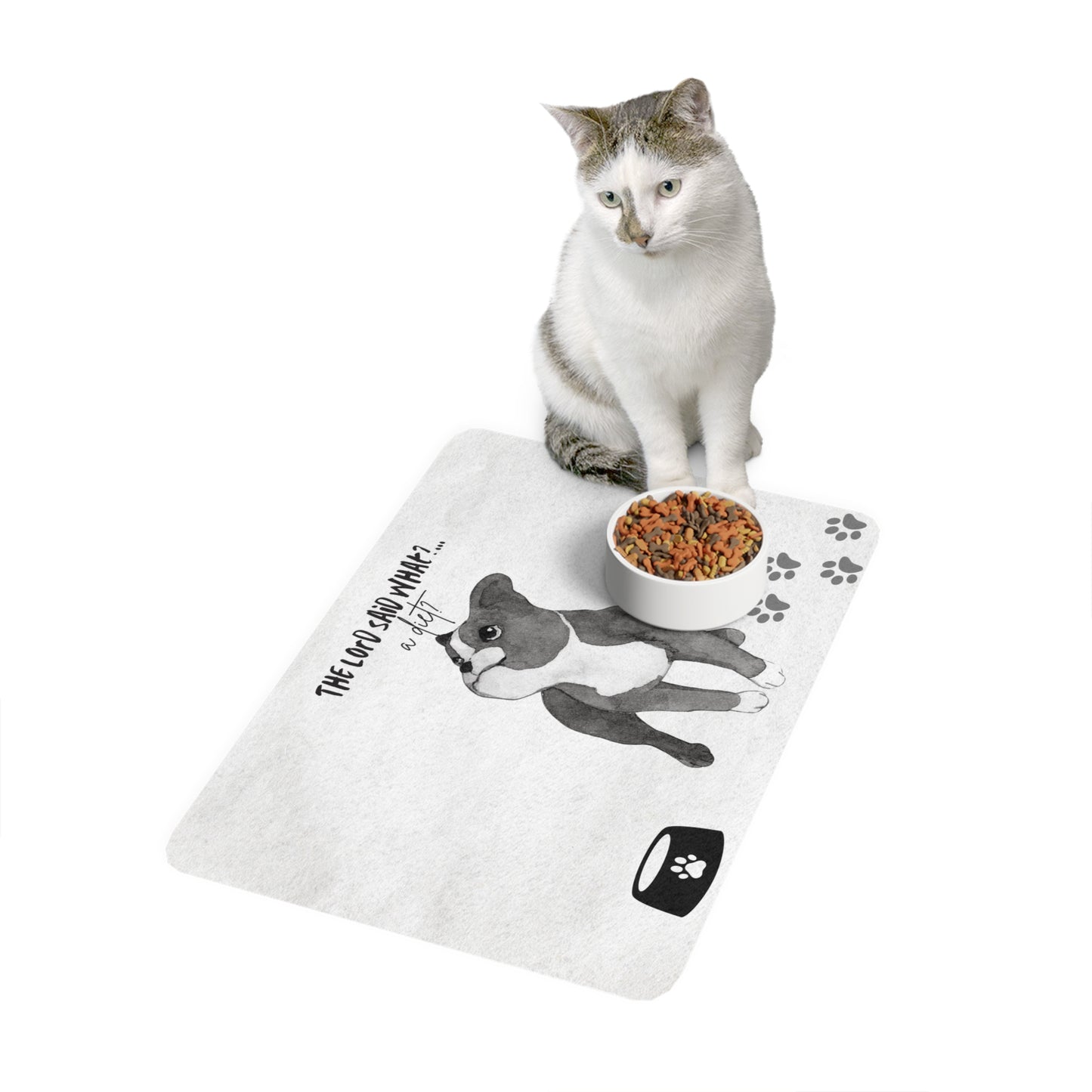 Funny Dog Food Mat - "The Lord Said What?" Waterproof Pet Feeding Mat, 12x18