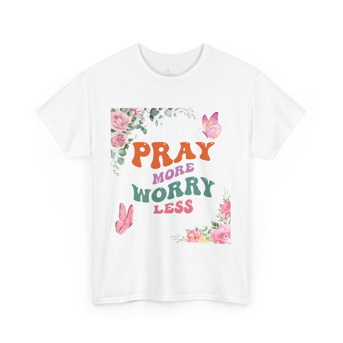 Pray More Worry Less T-Shirt - Floral Inspirational Unisex Heavy Cotton Tee