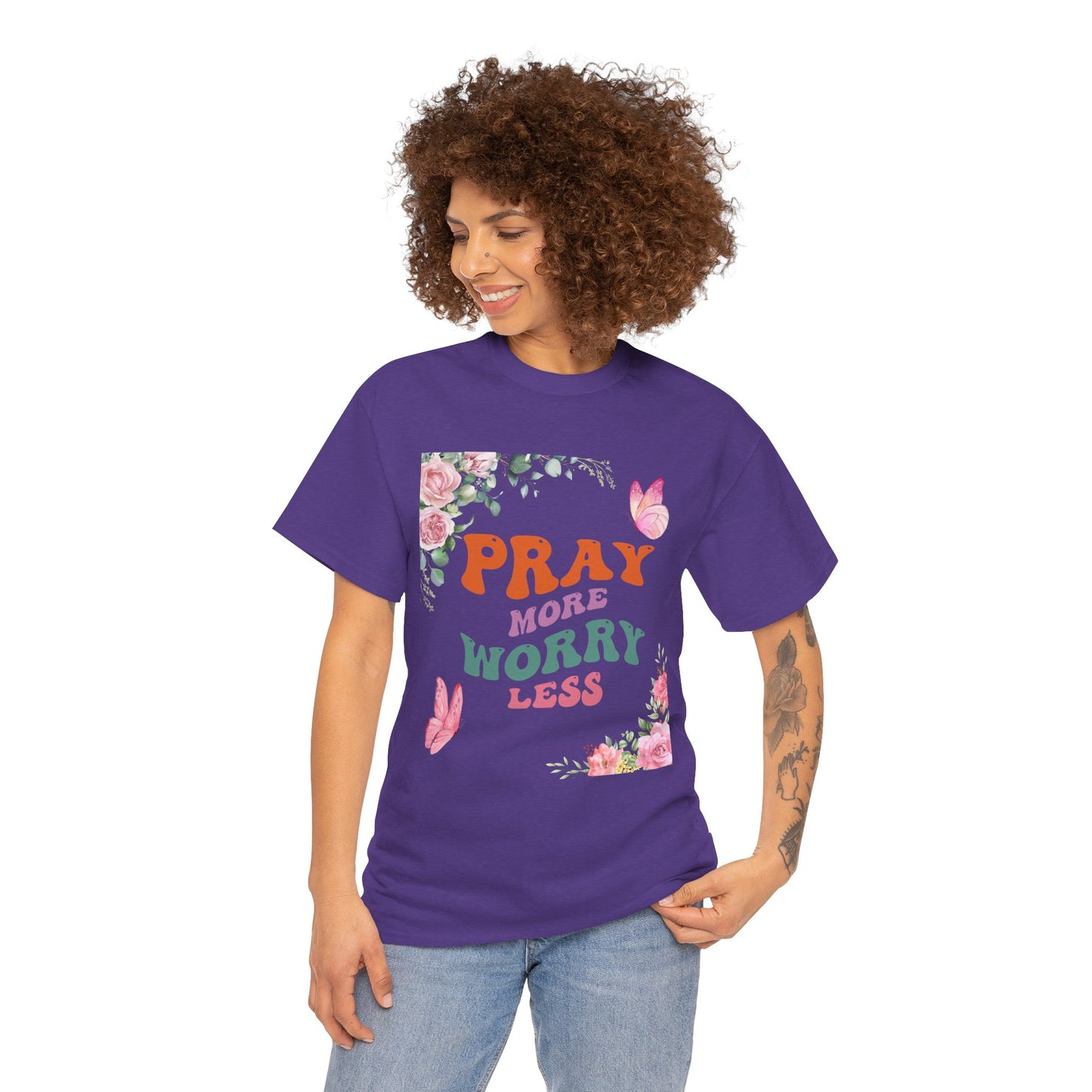 Pray More Worry Less T-Shirt - Floral Inspirational Unisex Heavy Cotton Tee