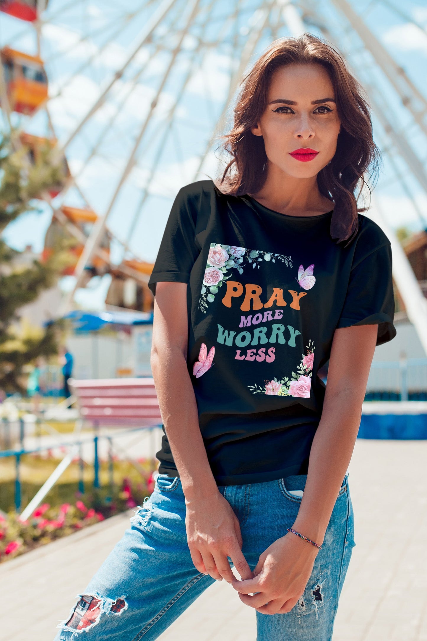 Pray More Worry Less T-Shirt - Floral Inspirational Unisex Heavy Cotton Tee