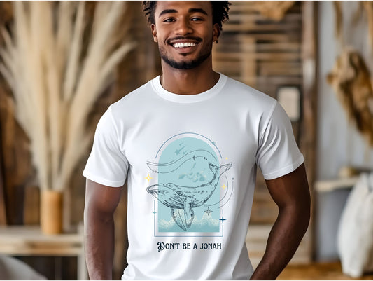 Man wearing shirt with whale design