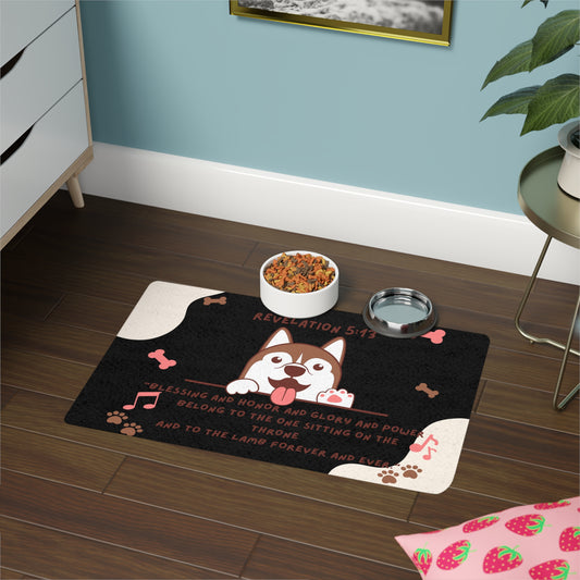 Revelation-Inspired Pet Food Mat | Cute Dog Design | 12x18 Non-Slip Feeding Mat