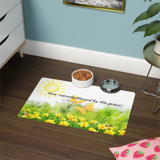 Sunny Floral Pet Food Mat - "Paw-sitively Blessed by His Grace!"