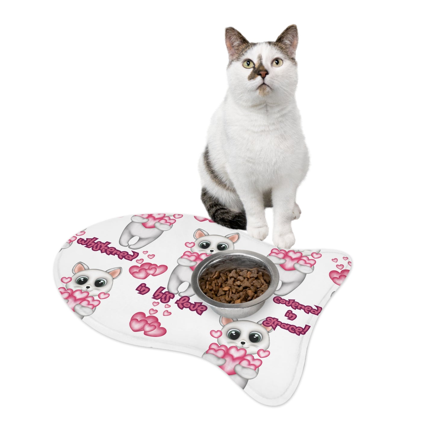 Cute Cat Feeding Mat - 'Whiskered in Love' Design - Pet Feeding Accessory