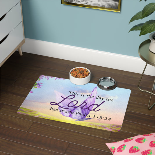 Inspirational Pet Food Mat - "This is the day the Lord has made" Psalm 118:24, 12x18