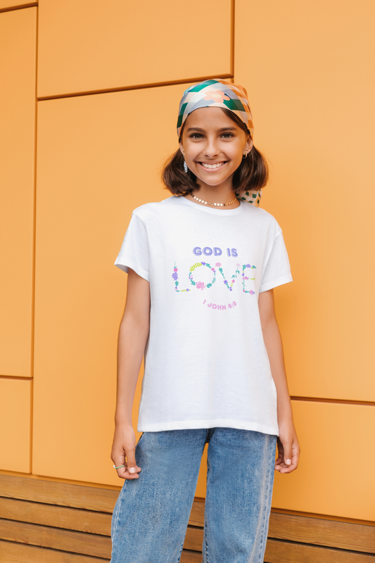 Kids God is Love Floral Tee - Perfect for Faith-Based Occasions