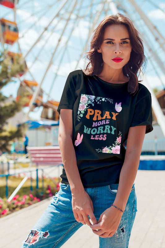 Pray More Worry Less T-Shirt - Floral Inspirational Unisex Heavy Cotton Tee